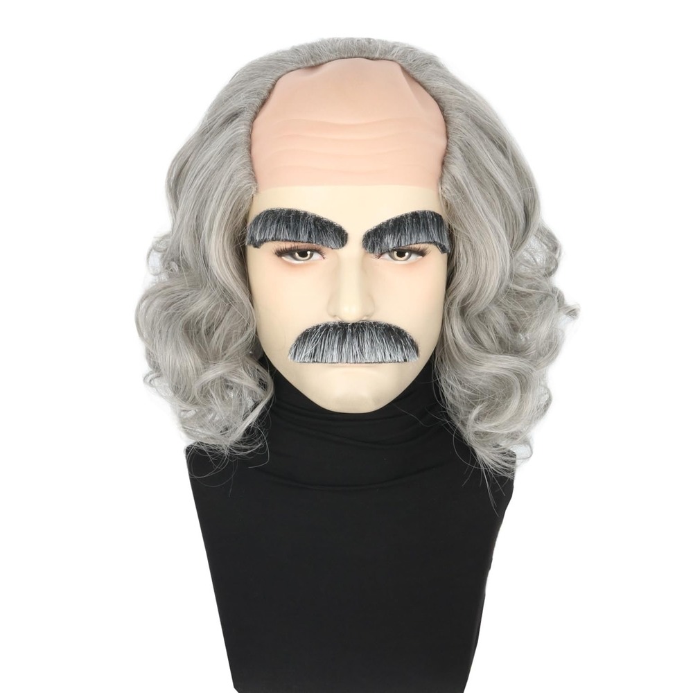 NWT Topcosplay Mad Scientist Wig Old Man Costume Bald Wigs Moustache Eyebrows